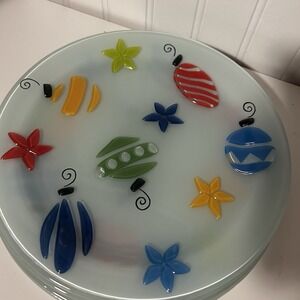Block Crystal Christmas Plates Fused art glass xmas ornaments (set of 4) VTG